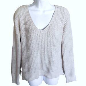 Lucky Brand Chenille Sweater V Neck Cream Winter White Soft Stretch EUC Sz  S